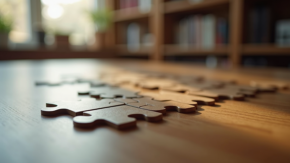 Close-up view of puzzle pieces fitting together on a wooden table