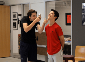 Oliver Diamond ‘18 and Thanasi Tsandilas ‘18 rehearsing their roles in the acting lab. Credit: Maddie Blake