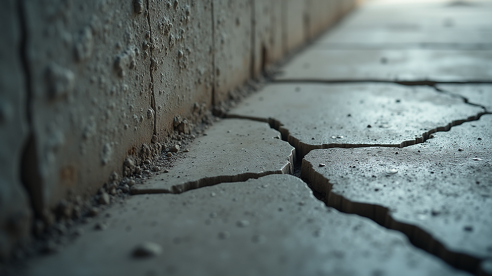 High angle view of foundation cracks in a basement wall