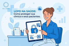 secretaria segurando um tablet com escudo de segurança de dados