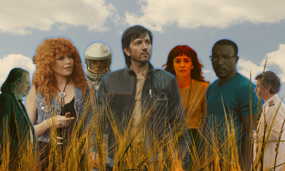 Actors and characters from the series discussed in the article, hanging out in a wheat field.