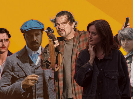 Timothée Chalamet, Michael B. Jordan, Leonardo DiCaprio, Renate Reinsve and Mariam Afshari in front of a golden background.