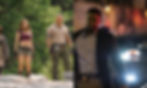 'Jumanji: The Next Level' crew on a cliff, Chadwick Boseman showing a badge