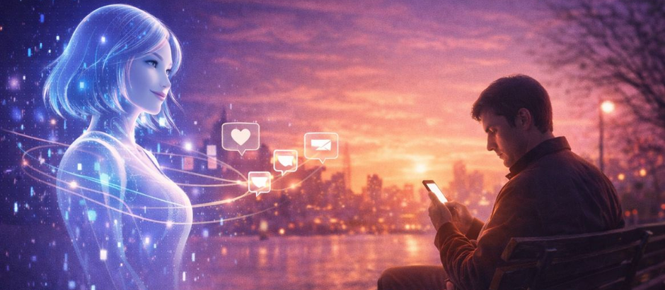 Illustration of a person interacting emotionally with an AI chatbot on a smartphone, symbolizing AI situationships and digital intimacy in modern dating.
