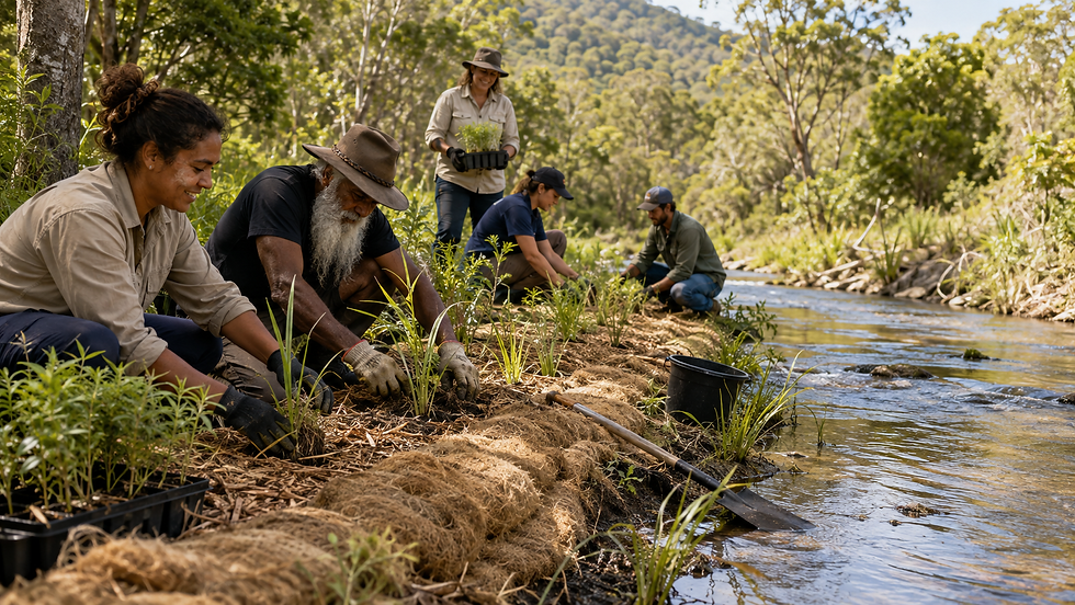 Traditional Owners and community volunteers planting native grasses and shrubs along a Queensland stream bank using mulch and erosion-control matting.