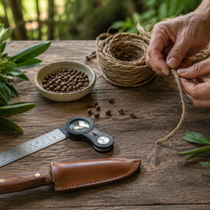 Hands twist natural plant fibre on a wooden bench beside a leafy botanical specimen, sorted seeds, hand lens, ruler, sheathed knife and a simple green plant tie.
