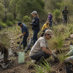 Australian Landcare volunteers restoring a creek bank by removing weeds, planting native grasses and using hand tools for erosion control beside a recovering waterway.