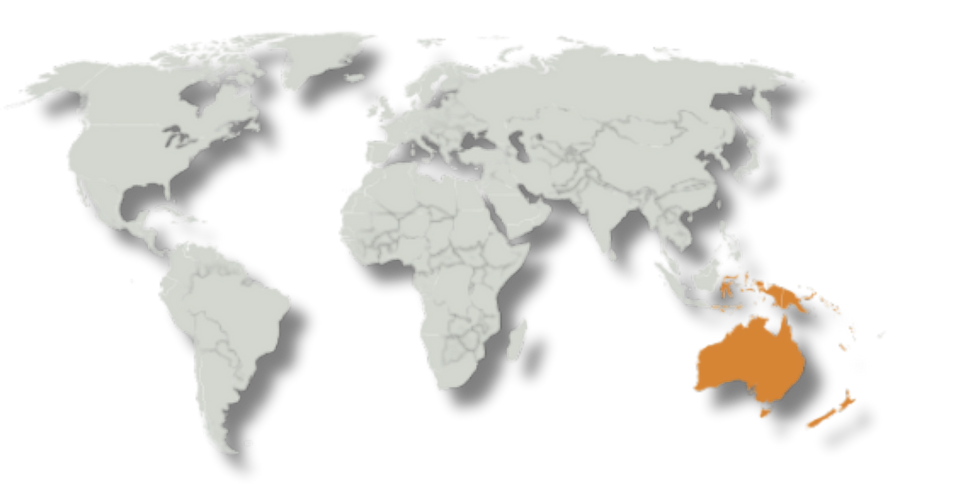 World map on black background, with Australia and nearby Oceania highlighted in orange while other continents are pale gray. Showing the geographical boundaries of the Australasian (AA) realm.