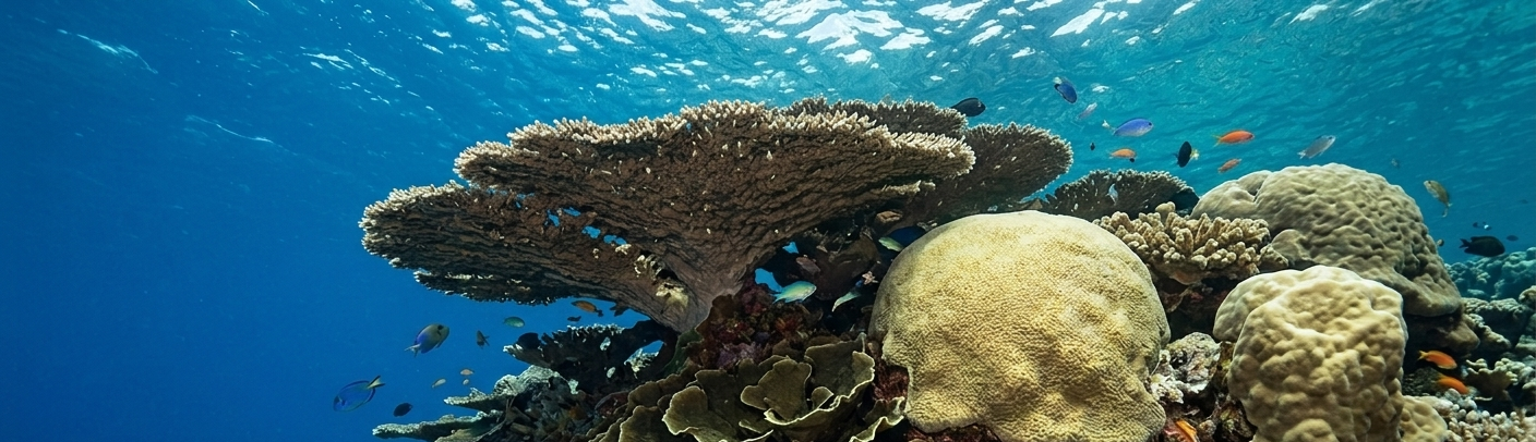 A high-resolution underwater shot of a steep coral reef drop-off in the Red Sea. The left side opens to deep, dark blue open water. The reef structure features a prominent, wide tabular coral at the top crest, massive golden-brown boulder corals on the right, and large, overlapping, fan-like foliose corals carpeting the mid-section. Tiny tropical fish dart through the complex, tightly packed coral colonies under natural sunlight filtering from the surface.
