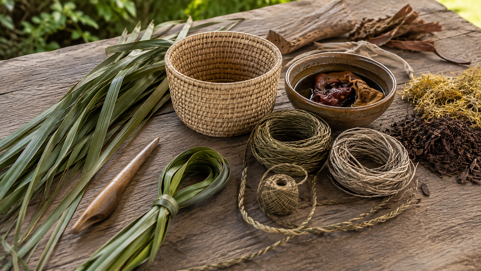 Natural-light still life of fresh fibre leaves, coils of plant cordage, a woven basket, a small wooden tool and a bowl of natural dye materials arranged on a rustic wooden surface.