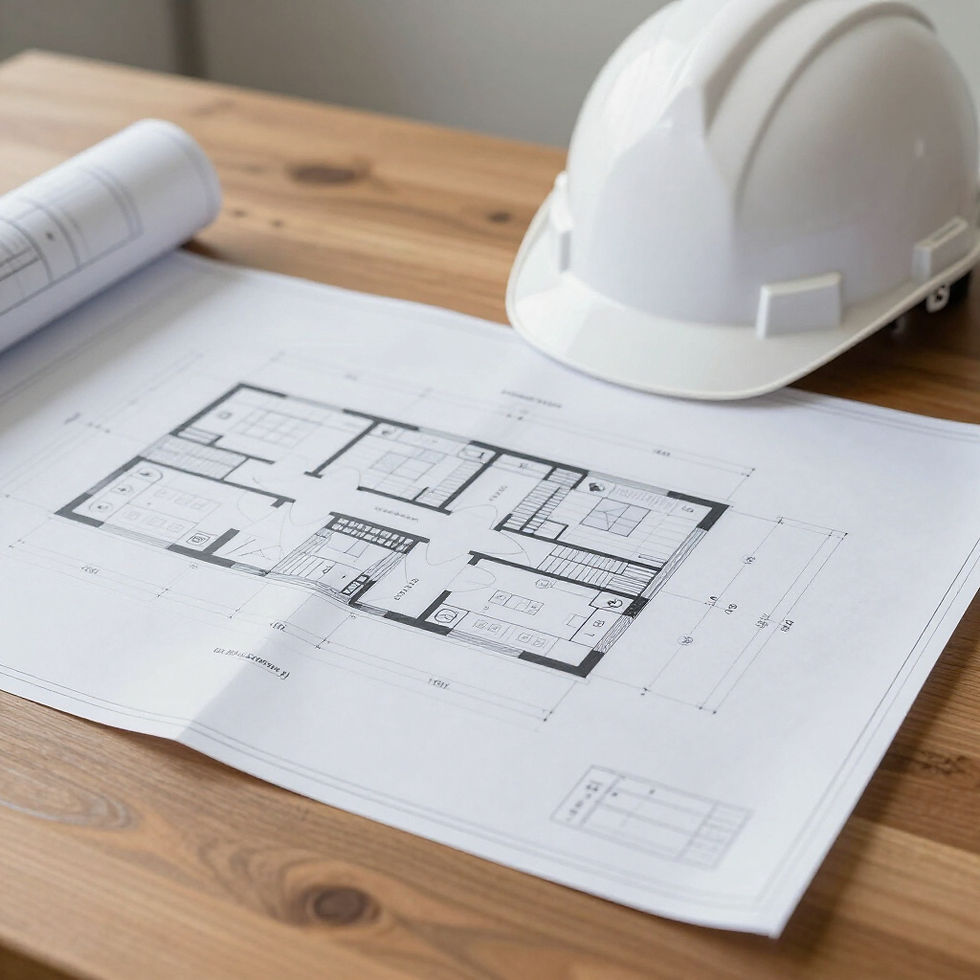 Blueprints and a helmet on a table