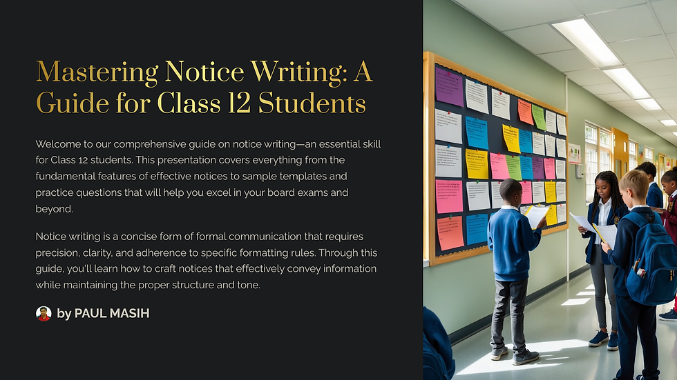 Students in uniforms read notices from a colorful bulletin board in a bright hallway, enhancing a guide on notice writing for Class 12.