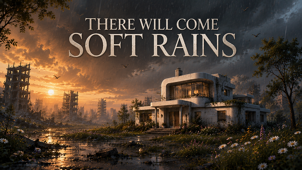Dramatic storm over ruined city and modern house at sunset; text reads THERE WILL COME SOFT RAINS