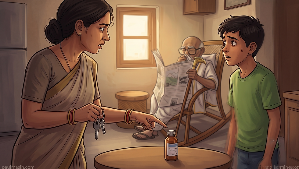 Concerned woman in sari points at a medicine bottle while holding keys; worried boy faces her in a warm kitchen, with an elderly man reading behind.