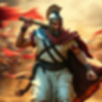 Warrior in bronze armor and red cloak runs with determined expression, holding a weapon. Blurred battlefield with red banners in background.