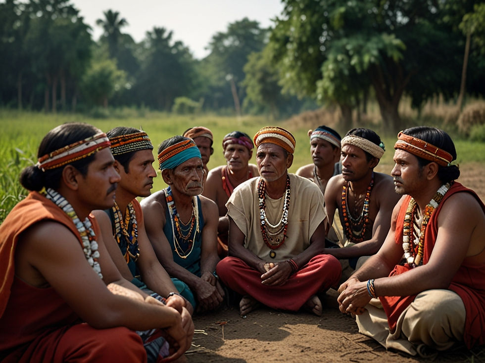 The village of Rachi, where a community meeting is taking place to discuss and decide on a self-imposed hunting ban. The villagers in their traditional tribal dress sit together in a circle, looking serious and thoughtful as they reach a consensus.