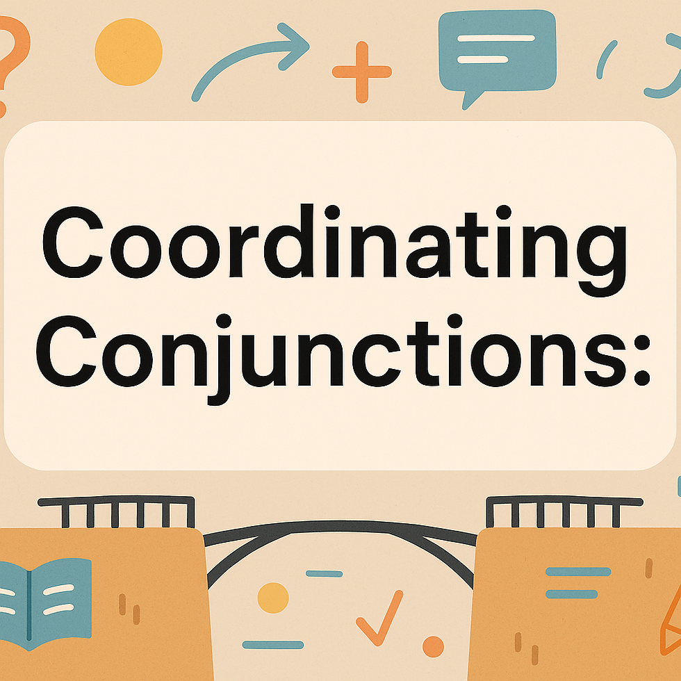 "Coordinating Conjunctions" text in bold, set against a playful beige background with icons like arrows, chat bubbles, and books.