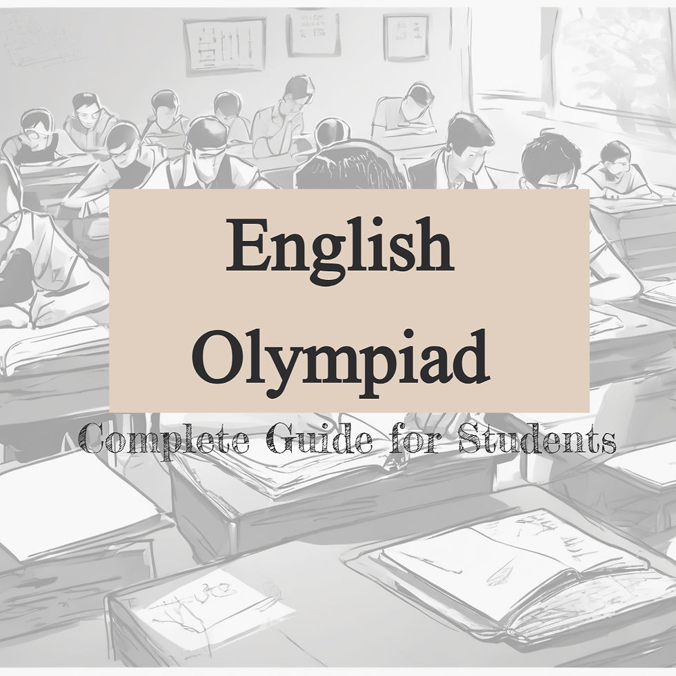 Students focus on exams in a classroom. The text "English Olympiad: Complete Guide for Students" overlays the scene. Monochrome color scheme.
