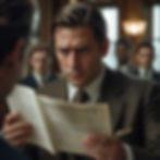 Man in a suit frowns as he reads a document in a formal setting. Several men in suits are blurred in the background, creating a tense mood.