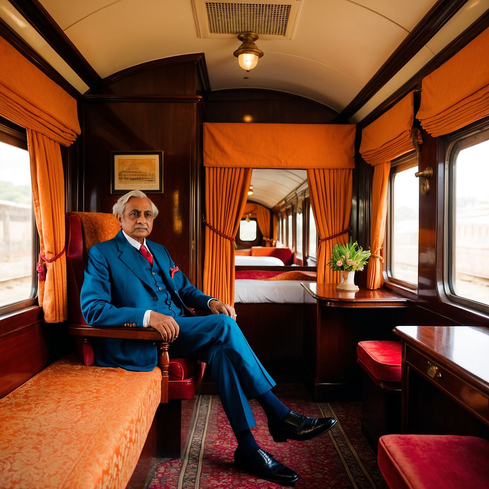 Professor Gaitonde on the Jijamata Express: Professor Gaitonde seated in a first-class compartment on the Jijamata Express, the luxurious saffron-colored train speeding toward British-controlled Bombay.