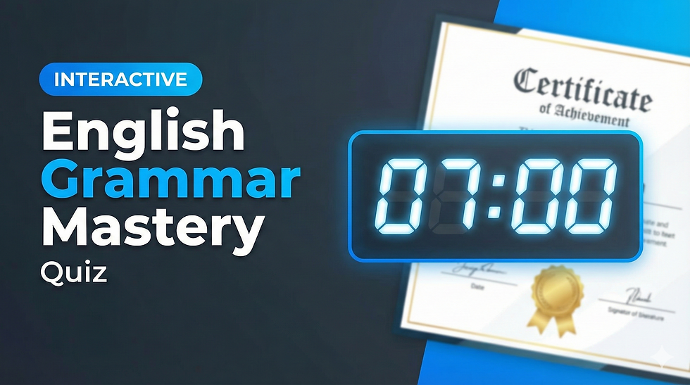 Interactive English Grammar Mastery Quiz image with a certificate, digital timer showing 07:00, and bold blue, white text.