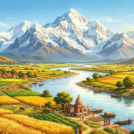A vibrant landscape shows farmers in golden fields, a river winding through a village, and majestic snow-capped mountains under a clear sky.