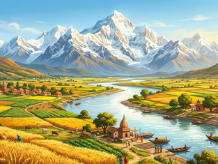 A vibrant landscape shows farmers in golden fields, a river winding through a village, and majestic snow-capped mountains under a clear sky.