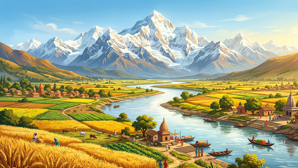 A vibrant landscape shows farmers in golden fields, a river winding through a village, and majestic snow-capped mountains under a clear sky.