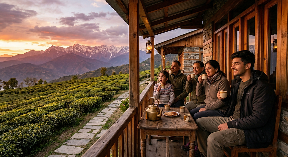 Five people on a wooden porch enjoy tea at sunset, overlooking lush green fields and snowy mountains. Warm, content atmosphere.