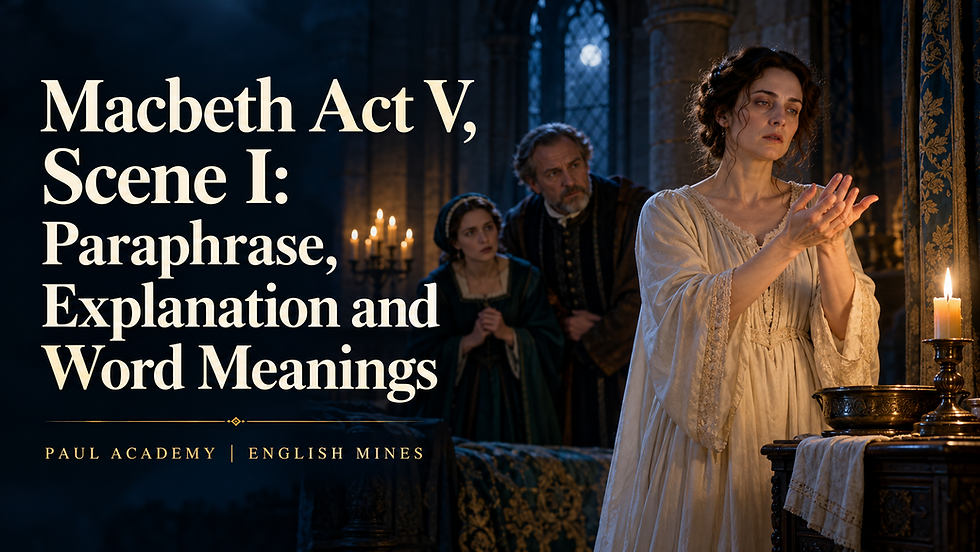 Medieval Macbeth title slide with woman in white by candles, two figures behind, and text Macbeth Act V, Scene I, Paraphrase