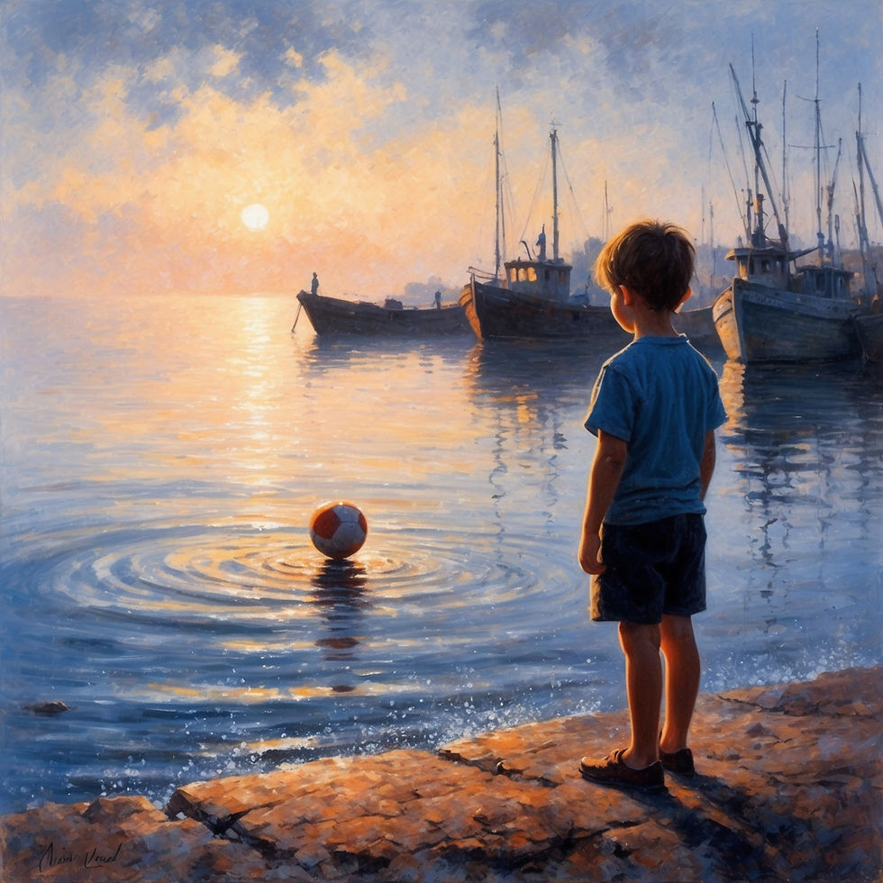 The Ball Poem: A boy watching his ball float away in a serene river, reflecting on loss. [In the serene sea harbour, a young boy watches as his beloved ball drifts away, evoking a sense of loss and sadness. The primary subject of the image is the boy, standing alone by the seaside, his silhouette against the setting sun creating a melancholic scene. This poignant painting captures the boy's solitude and contemplation, with vivid hues and expert brushwork bringing the emotion and atmosphere to life. The image resonates with viewers, immersing them in the boy's moment of introspection amid the tranquil sea setting.] 