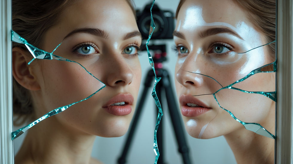 A woman gazes into a cracked mirror with turquoise edges, revealing a camera in the background. Her expression is calm and introspective.