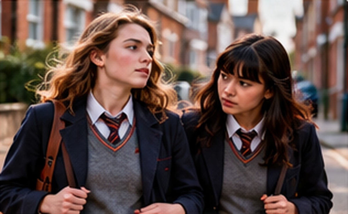 Sophie and Jansie in school uniform walking together and discussing Sophie’s dreams in Going Places