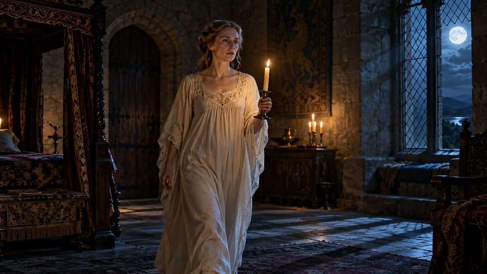 Woman in a white nightgown walks through a medieval stone bedroom holding a lit candle under moonlight.