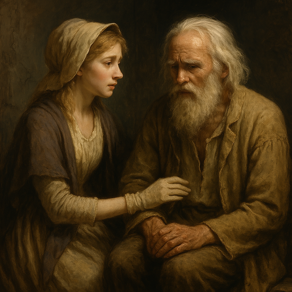 A young woman in a bonnet comforts an elderly man by holding his hand. Both wear rustic clothing. The setting is dark and somber.