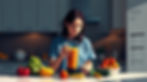 A home science student blends a vibrant smoothie amid a colorful array of fresh produce in a modern kitchen, guided by a nutrition chart on the wall.