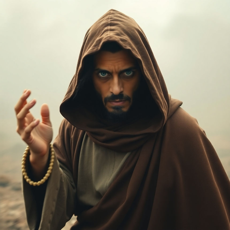 Hooded figure in a brown robe gestures with hand, holding wooden beads. Foggy background sets a mysterious, intense mood.
