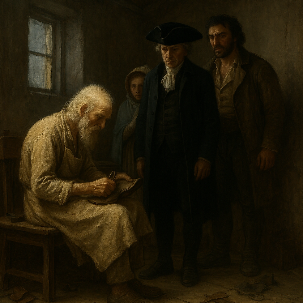 An elderly man sits carving in a dim room, observed by three solemn figures in historical attire. The scene is somber and muted in tone.