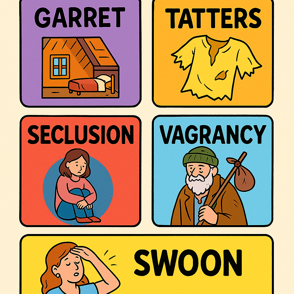 Colorful chart with five sections: garret, tatters, seclusion, vagrancy, swoon. Illustrations include attic, ragged shirt, sad woman, traveler, and fainting.