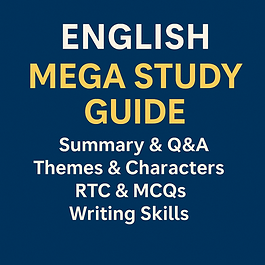 "Download PDF of the Mega Study Guide for Class 12 English Core including Flamingo Prose, Flamingo Poetry, Vistas, and Writing Skills with summaries, themes, characters, RTC, MCQs, and practice questions."
