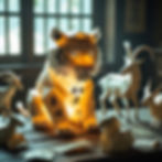 Lit paper tiger with calligraphy surrounded by origami goats on a wooden table. Sunlight filters through a window, creating a serene mood.