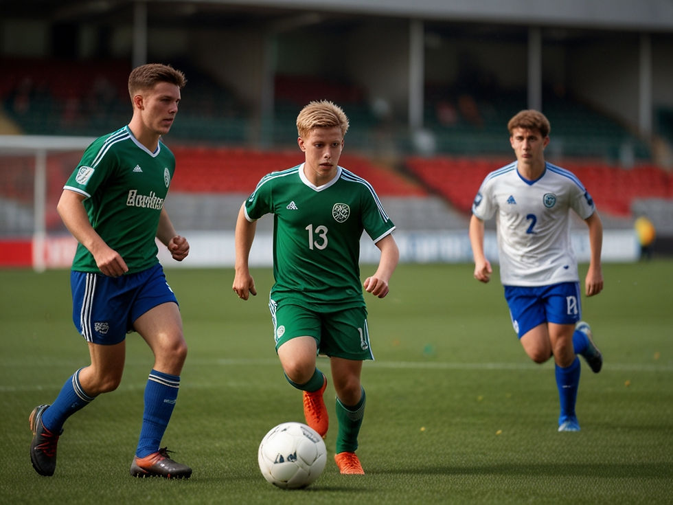Danny Casey Playing Football: A large football stadium, with Danny Casey, the young Irish prodigy, in the middle of the field. He is dribbling past two big defenders, poised to score a goal. The crowd in the stands is holding its breath, and there is a sense of anticipation as Sophie watches in awe from the sidelines.