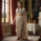 Calpurnia is a dignified woman in her middle years, with dark, braided hair and a gentle but worried expression. Her eyes are expressive, often filled with concern for Caesar.