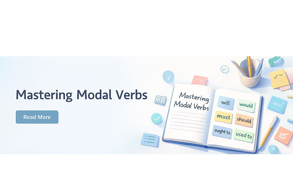 Open notebook with "Mastering Modal Verbs" and colorful modal verb cards. Pencils and paper on desk. "Read More" button on the left.