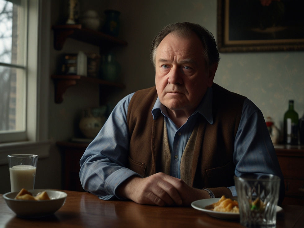 Sophie’s Father: A large, working-class man with a plump face, wearing a vest after a long day’s work. He is sitting at the dinner table, eating with determination. His face shows signs of fatigue, and there’s a sense of disconnection from Sophie’s dreams. He has an authoritative yet tired expression, reflecting the weight of everyday struggles.
