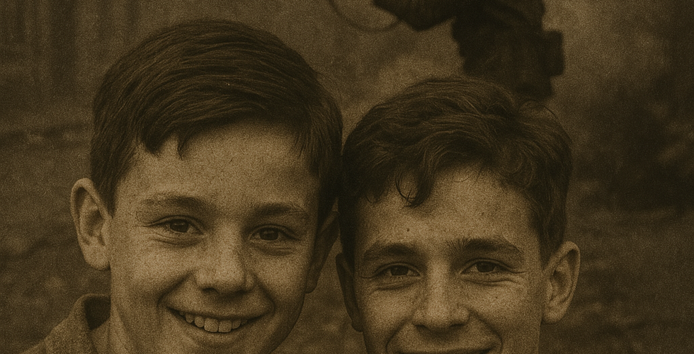 “A faded, sepia-toned scene of two young brothers smiling together in peacetime.