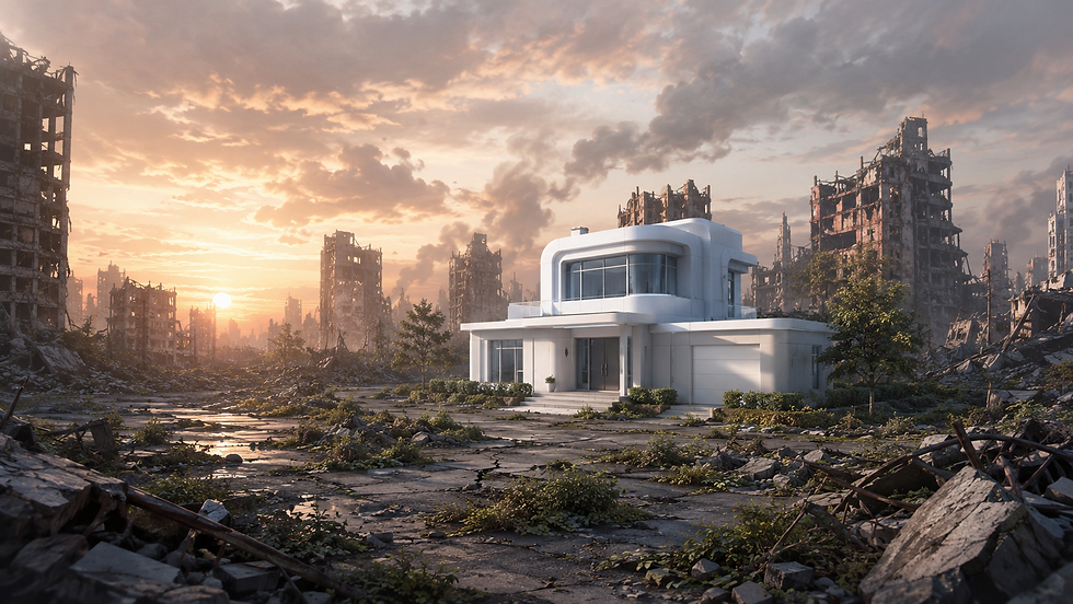 White modern house in a ruined city at sunset, with rubble, overgrown pavement, and smoky orange sky.