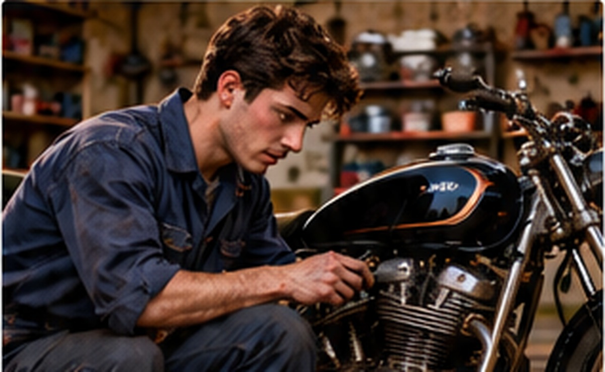 Geoff, Sophie’s older brother and apprentice mechanic, repairing a motorcycle in a workshop