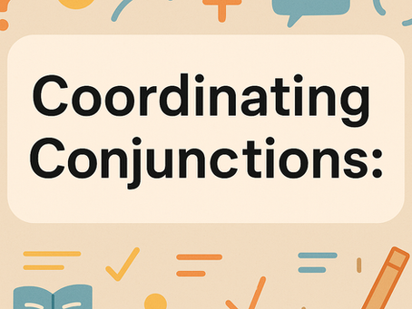 "Coordinating Conjunctions" text in bold, set against a playful beige background with icons like arrows, chat bubbles, and books.