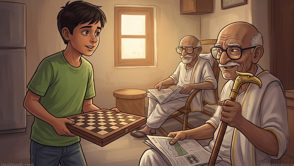Boy in green shirt offers a chessboard to two smiling elderly men in a warm room; one reads papers, the other holds a cane.